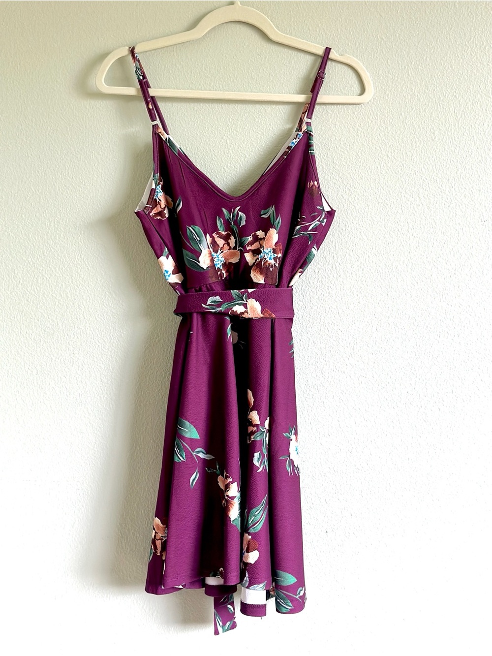 Burgundy Floral V-Neck Spaghetti Strap Adjustable Wrap Fit & Flare Dress - Picture 5 of 7